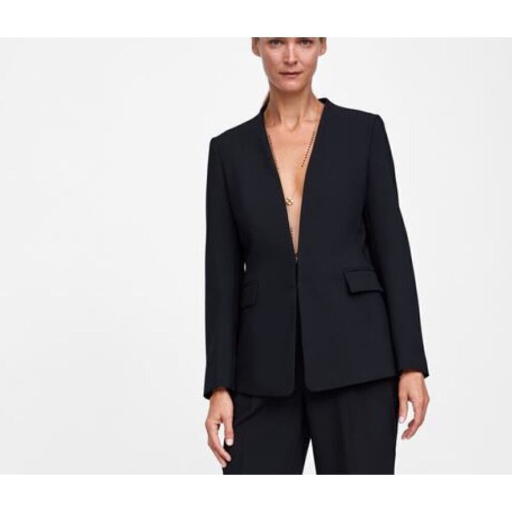 Zara Basic Black Hook & Eye Collarless Blazer Jacket Small